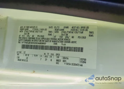 2013 Ford E-250 Commercial z USA, uszkodzony, nr VIN 1FTNE2EWXDDA80602